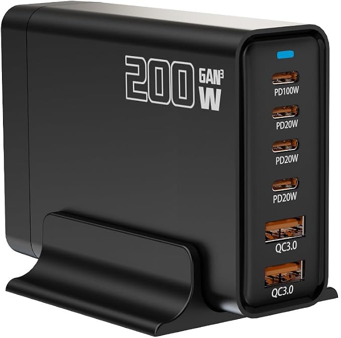 Heargrow 200W GaN USB C Charging Station 6-Port USB C Multi Charger Block with 4 Cables Fast Wall Charger Power Strip for iPhone 17 16 15 14 iPad MacBook Samsung Galaxy Pixel