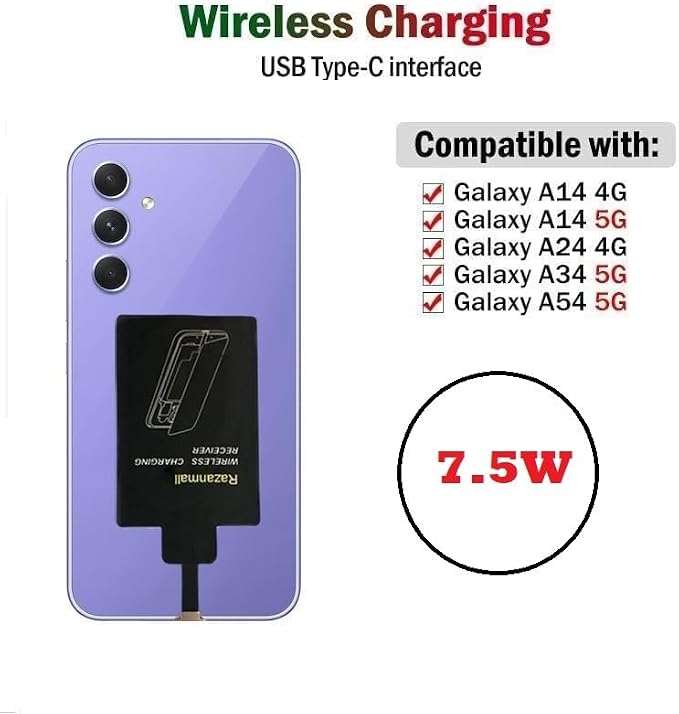 External Type-C Wireless Charging Adapter for Samsung Galaxy A54 A34 A24 A14 5G Phone with Qi Charger PAD