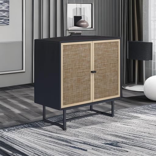 Nathan James Kova Rattan Wood Accent Sideboard Storage Cabinet TV Stand with Matte Metal Frame, Adjustable Shelves and Cane Doors, for Hallway, Entryway or Living Room, Black Oak/Cane, Set of 2