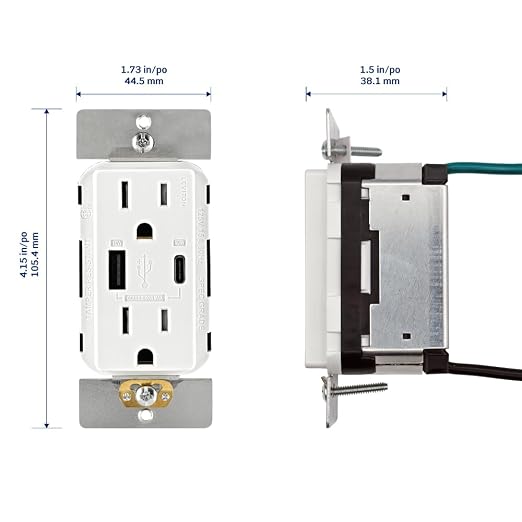 Leviton 30W (6A) USB Dual Type-C/C Power Delivery In-Wall Charger with 15A Tamper-Resistant Outlet USB Charger for Smartphones Tablets Laptops T5635-E Black