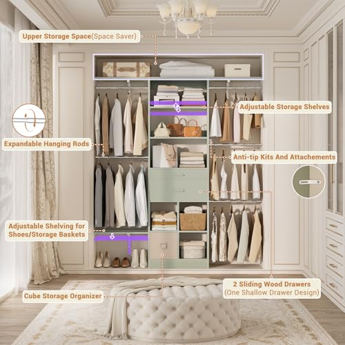 5FT Small Closet System, Baby Closet Organizer System with Wooden Drawers, 60 Inches Walk in Closet System with 5 Hanging Rods and 3 Reversible Hanging Shelving, Crab Green - color: Crab Green, size: 5 FT