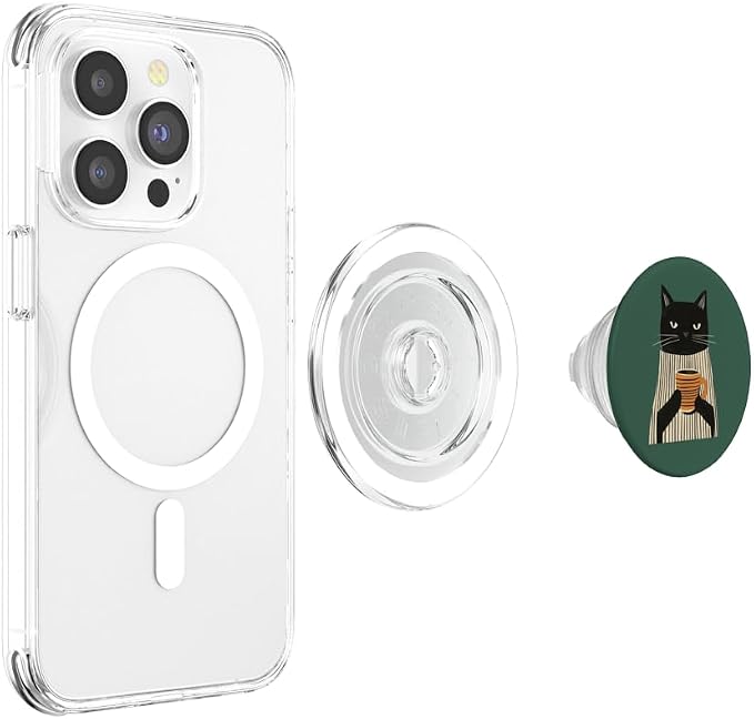Black Cat Holding Coffee Cup Illustration PopSockets Adhesive PopGrip