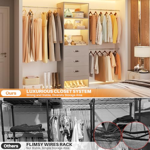 Homieasy 96 Inches Closet Organizer System, 8FT Customizable Walk In Closet Organizer with Hanging Rods, 3 Drawers Garment Rack with Leather Handle , 96" L x 16" W x 75" H, Max Load 1000 LBS, Grey - color: Grey
