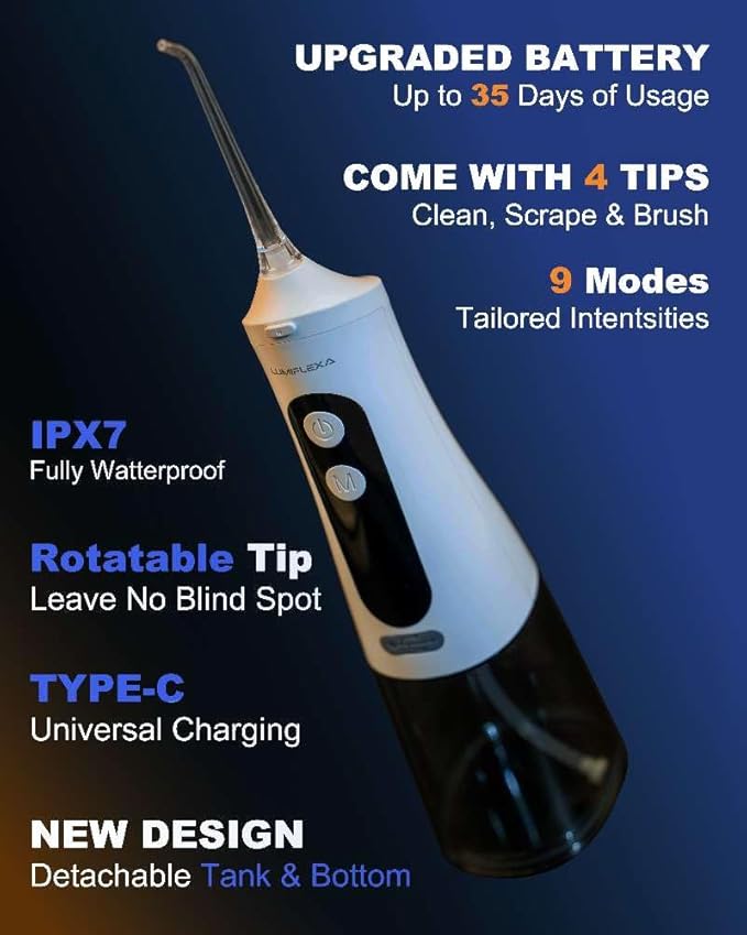 Lumiflexa Water Dental Flosser for Teeth Pick, Cordless Flosser for Travel with 4 Jet Tips, 9 intensities, IPX7 Waterproof Portable & Rechargeable Oral Irrigator Cleaner, White