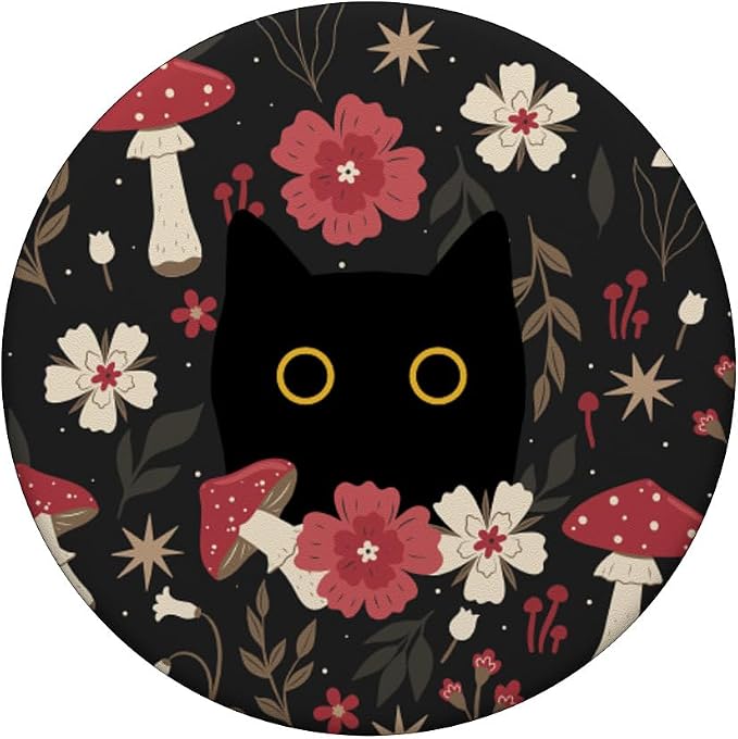 Black Cat Hiding in Forest Garden Flowers Cute Botanical PopSockets PopGrip for MagSafe