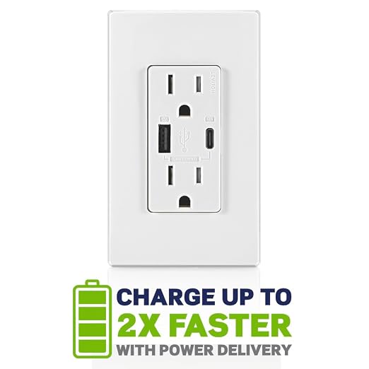 Leviton 30W (6A) USB Dual Type-C/C Power Delivery In-Wall Charger with 15A Tamper-Resistant Outlet USB Charger for Smartphones Tablets Laptops T5635-E Black