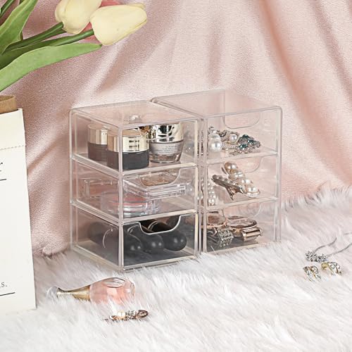 BTSKY 2 Pack Small Acrylic Storage Organizer with Drawers, 3-Layer Clear Desktop Organizer for Office Supplies Mini Storage Box with Drawers for Desk, Desktop Makeup Drawer Jewelry Storage Box