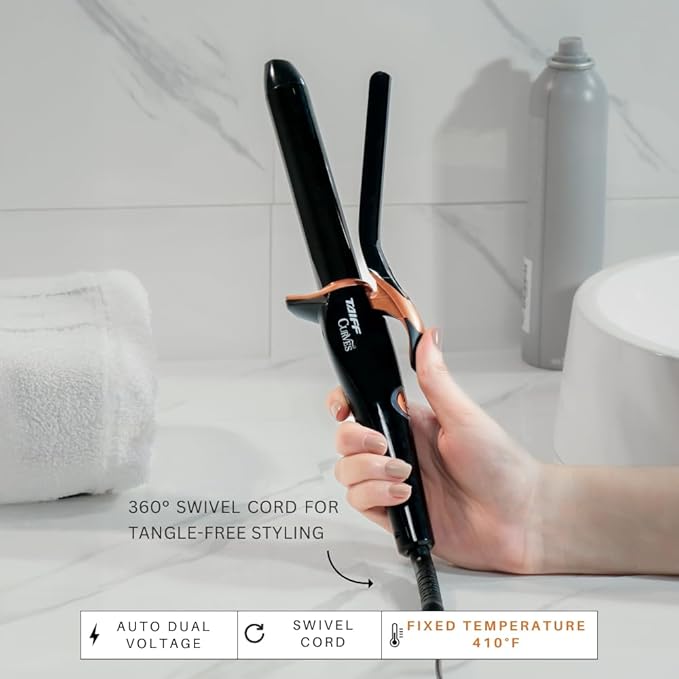 TAIFF Curves Professional Black Titanium Curling Iron – High-Performance Hair Curler & Rizadora para Cabello with Dual Voltage | Fixed Temperature 410°F | 1”