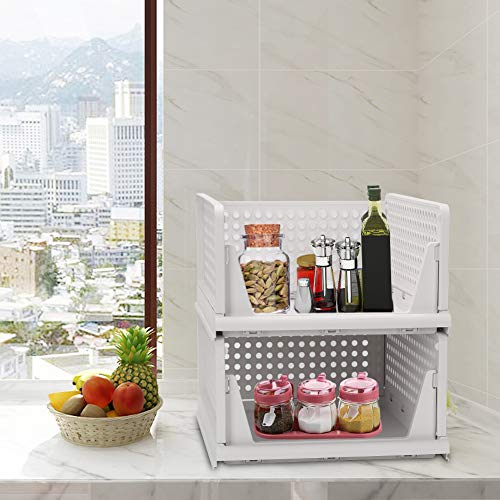 Folding Wardrobe Storage Box 4-Pack Plastic Drawer Organizer Stackable Shelf Baskets Cloth Closet Containers Bin Cubes,Home Office Bedroom Laundry Fold Pull Out Dividers for Clothes,Toys White