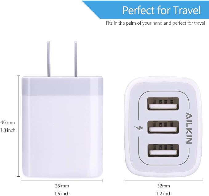 Wall Charger AILKIN 3.1A MultiPort Fast Charger Plug Travel Home Power Adapter Quick Charging Block Base Boxed for iPhone 15 14 13 12 11 10 8 7 Pro Max Mini Samsung Galaxy Pixel Kindle USB Brick