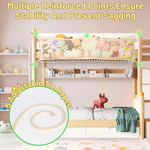 Ofiray-home Stuffed Animal Hammock, Bedside Stuffed Animal Storage Net Corner - Kids Nursery Wall Bedroom Home Decor, Cotton Bedside Toy Organizer Net with Tether, Stretches up to 47.25 In, Beige