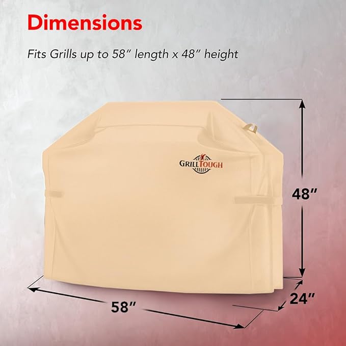 GrillTough Heavy Duty BBQ Grill Cover for Outdoor Grill, 58 Inch – Waterproof, Weather Resistant, UV & Fade Resistant with Adjustable Straps – Gas Grill Cover for Weber, Genesis, Charbroil, etc. Tan