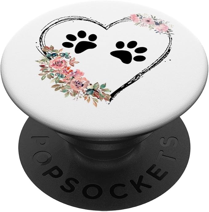 Dog Heart with Paw Prints and Flowers On White PopSockets Adhesive PopGrip