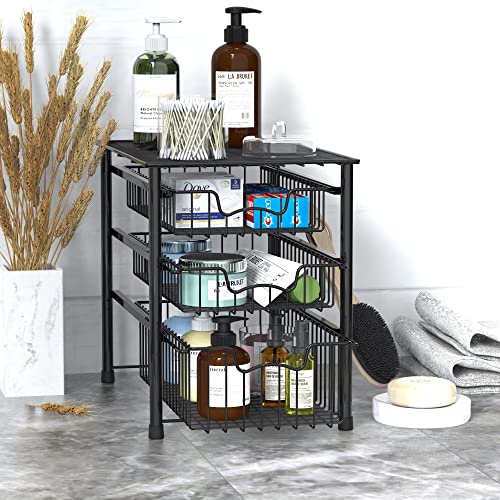 Simple Houseware Stackable 3 Tier Sliding Basket Organizer Drawer, Black - color: Black, size: 3-tier