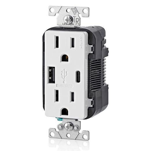 Leviton 30W (6A) USB Dual Type-C/C Power Delivery In-Wall Charger with 15A Tamper-Resistant Outlet USB Charger for Smartphones Tablets Laptops T5635-E Black