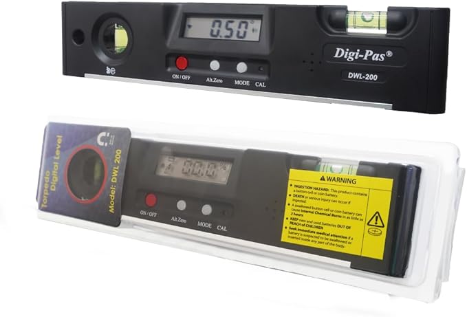Digi-Pas DWL200 Electronic Torpedo Level, Protractor, Angle Gauge, Angle Finder, Bevel Gauge, Magnet, 0.1°, 7 inch