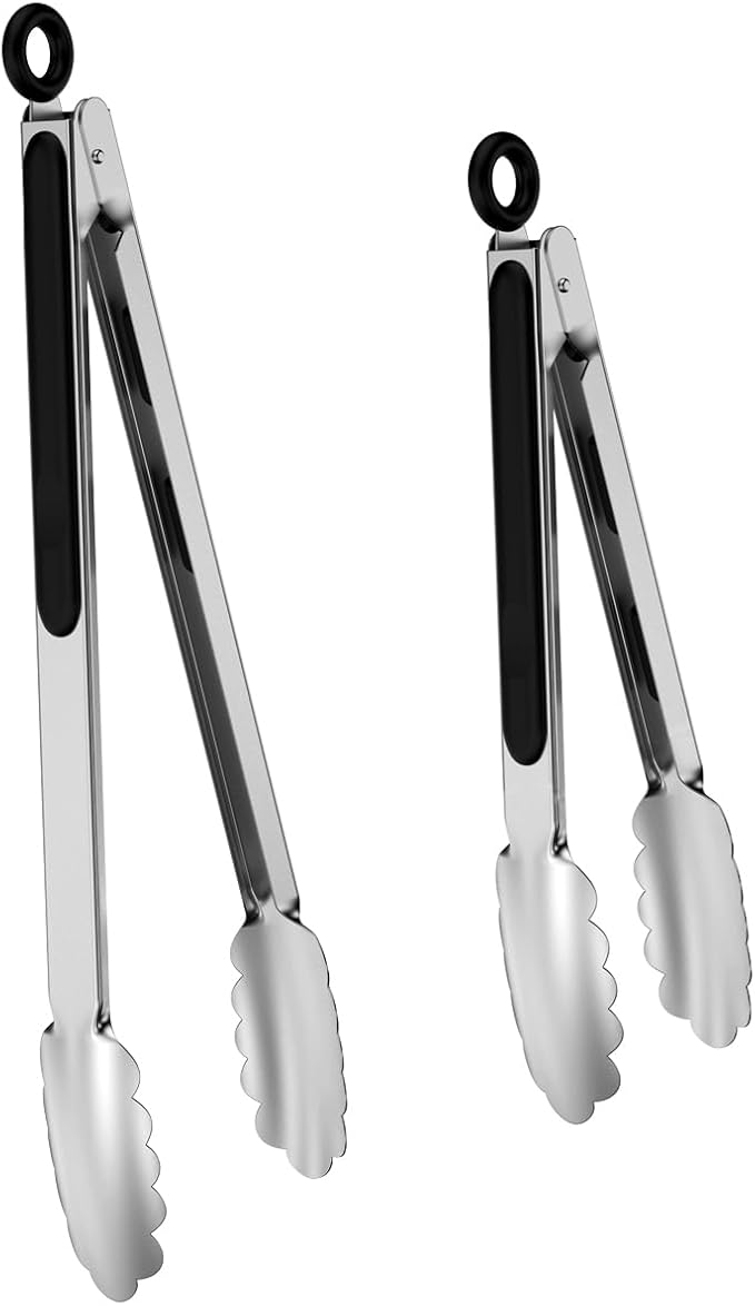 Lyxa SR 600℉ Heat Resistant Kitchen Tongs with Locking, Set of 9-inch and 12-inch Stainless Steel Metal Cooking Tongs with Non-Slip Grip, Perfect for Grilling, Barbecue (BBQ) and More