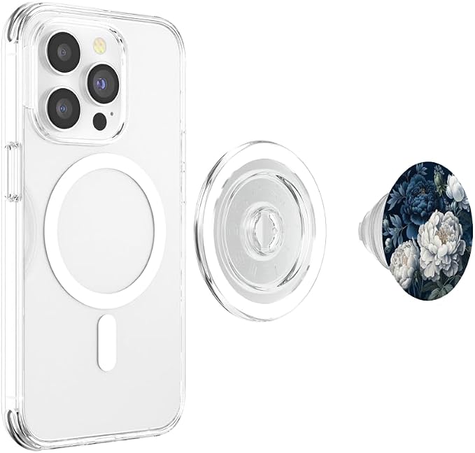 Navy Blue Peonies Blossom Leaves White Flowers Floral Girly PopSockets Adhesive PopGrip
