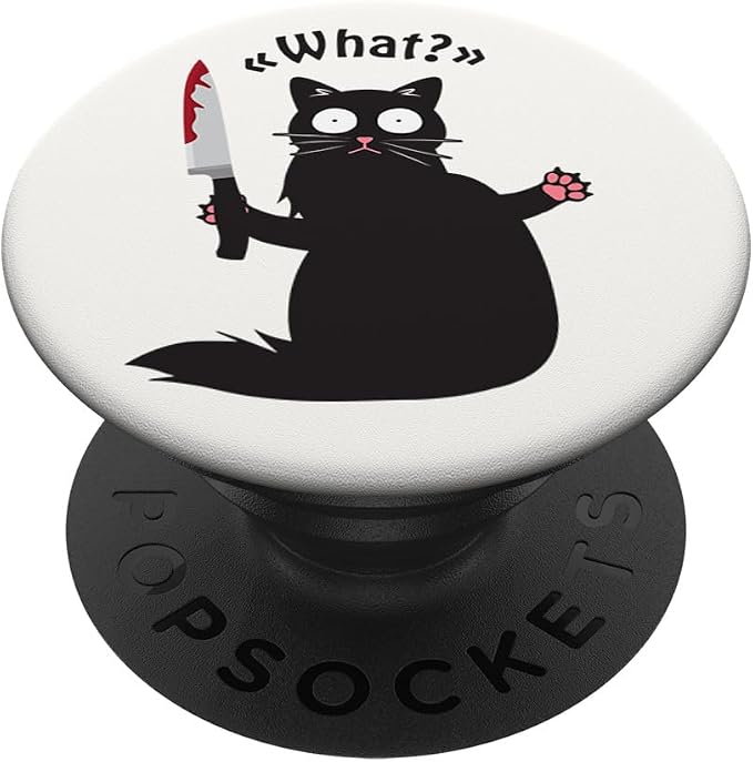 Cat What? Funny Black Cats Gift Fun Murderous Cat with Knife PopSockets PopGrip: Swappable Grip for Phones &amp Tablets PopSockets Standard PopGrip