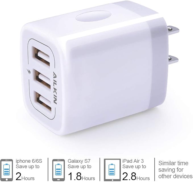 Wall Charger AILKIN 3.1A MultiPort Fast Charger Plug Travel Home Power Adapter Quick Charging Block Base Boxed for iPhone 15 14 13 12 11 10 8 7 Pro Max Mini Samsung Galaxy Pixel Kindle USB Brick