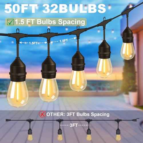 50FT Outdoor String Lights with 32+2 Bulbs (1.5FT Bulbs Spacing), Remote & Dimmer, Commercial Patio String Lights with 3 Mode Light & Timing, IP65 Waterproof, 50PC Mounting Ties for Outside