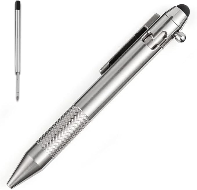 Cool Hand 4.9'' Brass Bolt Action Pen with Retractable Stylus Tip | for Any Touch Screen Ballpoint Ink Refillable Compact Size Skelton Out Deep Pocket Clip (Brass)