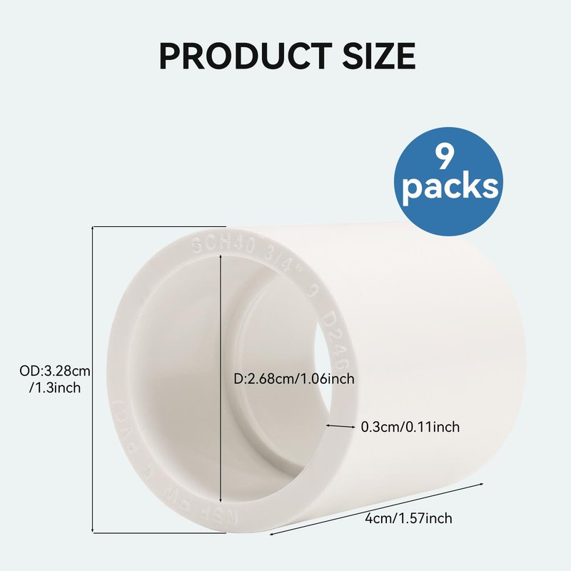 9 Pack 3/4 Inch White PVC Pipe Coupling, Socket x Socket, Schedule 40 Heavy Duty Slip Connectors for DIY Garden Support, Sprinkler System (0.75Inch)