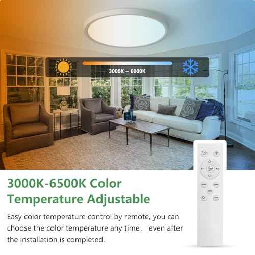 20 Inch Large LED Flush Mount Ceiling Light with Remote, 40W,4350LM, 3000K-6000K Selectable, White Round Flat Panel Low Profile Ceiling Light Fitures for Hallway, Kitchen, Bedroom, Laundry Room