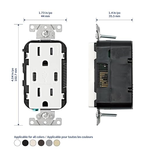 Leviton 30W (6A) USB Dual Type-C/C Power Delivery In-Wall Charger with 15A Tamper-Resistant Outlet USB Charger for Smartphones Tablets Laptops T5635-E Black