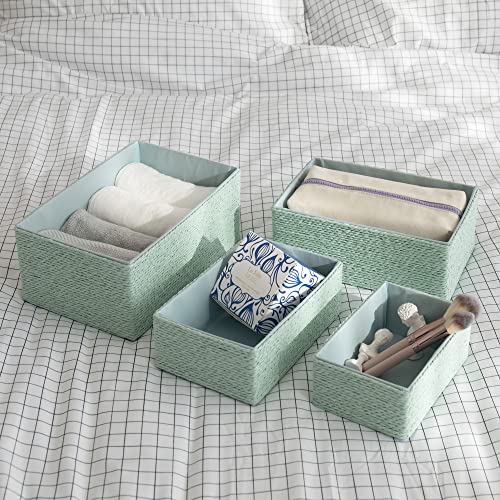 Storage Baskets Set 4 - Stackable Woven Basket Paper Rope Bin, Storage Boxes for Makeup Closet Bathroom Bedroom (Light Green) - color: Light Green