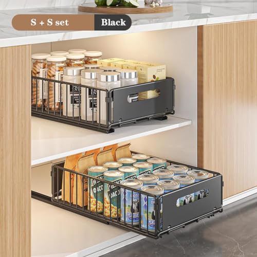 Pull Out Cabinet Organizer, Slide Out Cabinet Organizer Heavy-Duty Carbon Steel Expandable Drawer Adjustable Sliding Shelf Under Sink Rack Shelf for Kitchen Pantry Bathroom Closet - color: black small 1pc