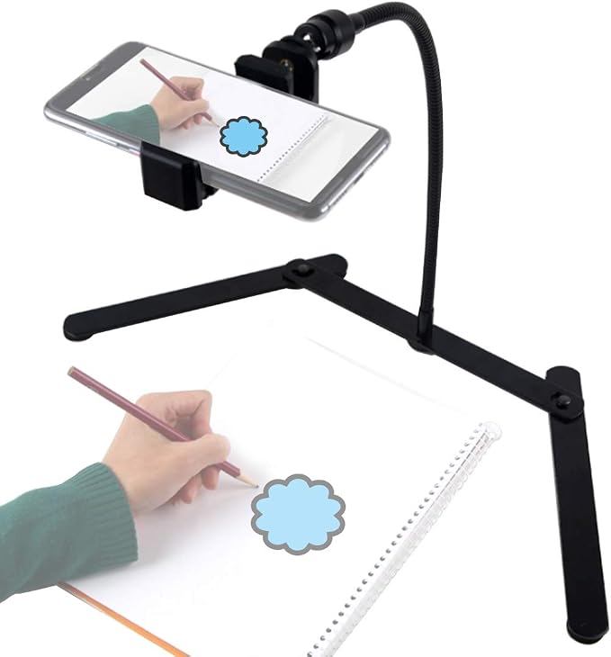 Ajustable Tripod with Cellphone Holder Overhead Phone Mount Table Top Teaching Online Stand for Live Streaming and Online Video and Food Crafting Demo Drawing Sketching Recording