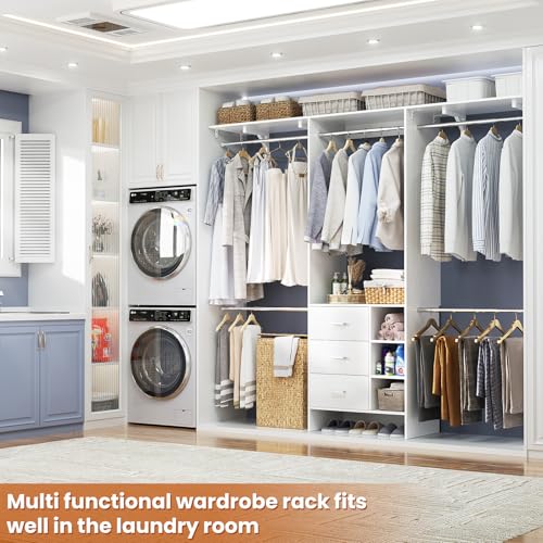 Aheaplus Closet System, Closet Organizer with 3 Wooden Drawers, 8FT Closet Organizer System, 96’’ Walk-in Closet Wardrobe Clothes Rack with Hanging Rods, Garment Rack, Fits 5.3-9 ft, -W3,White - color: White