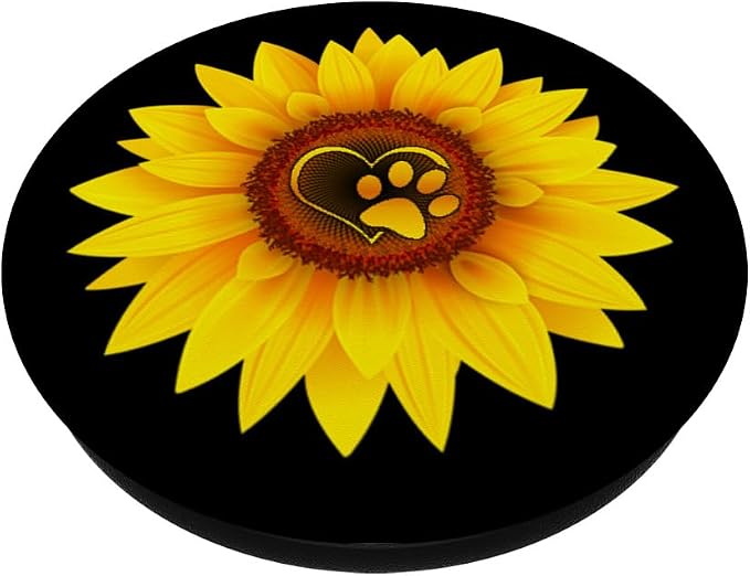 Paw Print Dog Paw Cute Dog Love Yellow Sunflower on Black PopSockets Adhesive PopGrip