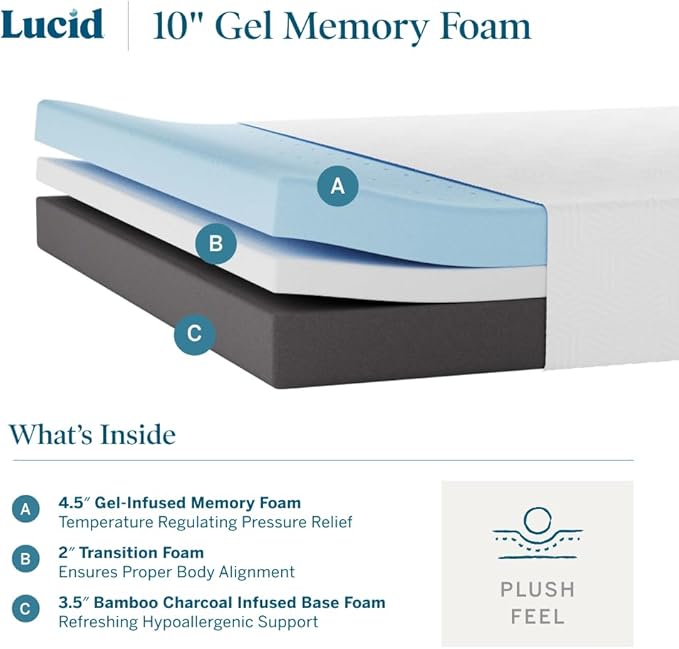 LUCID 10 Inch Memory Foam Mattress - Plush Feel - Infused with Bamboo Charcoal and Gel - Bed in a Box - Temperature Regulating - Pressure Relief - Breathable - Full Size