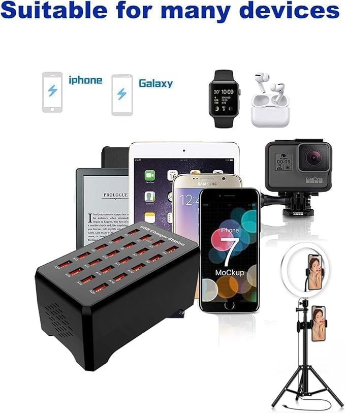 20-Port Black USB Charging Station100W/20A Multi-Port USB Hub Suitable for Smartphones Tablets and Other USB Devices.
