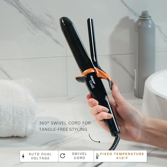 TAIFF Curves Professional Black Titanium Curling Iron – High-Performance Hair Curler & Rizadora para Cabello with Dual Voltage | Fixed Temperature 410°F | 1 1/4”