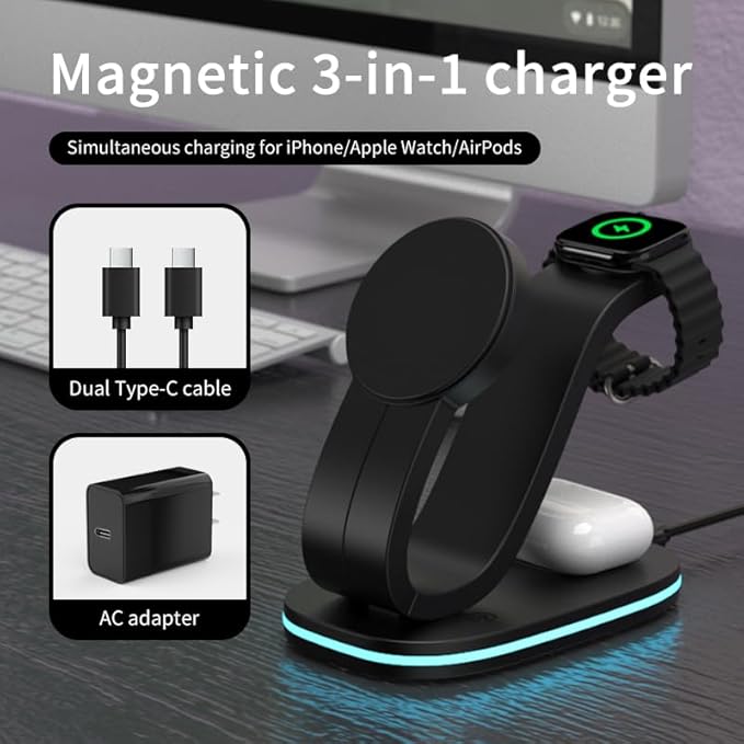 3 in 1 Wireless Charging Station for Qi2 Apple Multiple Devices, 30W USB C Adapter&Light, Fast Magnetic Charger Stand Compatible with iPhone 16 15 14 Pro Max, Apple Watch Series 10 9 & Airpods 4 3 Pro