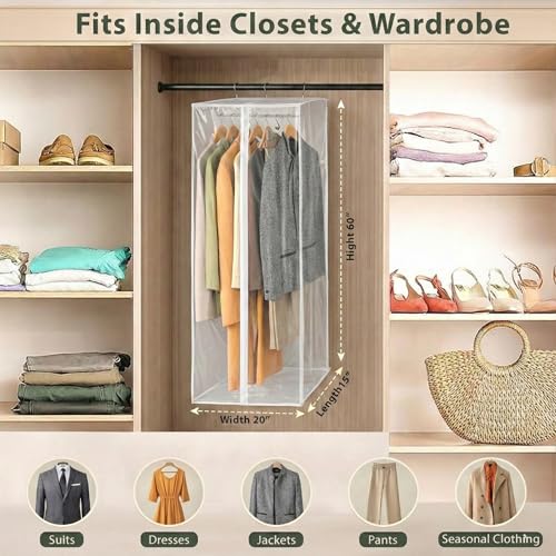 Clear Garment Bag, 60" Hanging Zippered Closet Organizer with Metal Frame – Protects Dresses, Suits & Jackets from Dust and Moisture - size: 60" Long