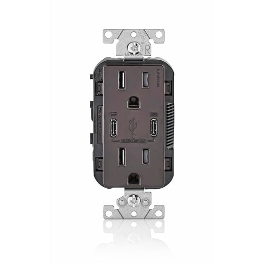 Leviton 30W (6A) USB Dual Type-C/C Power Delivery In-Wall Charger with 15A Tamper-Resistant Outlet USB Charger for Smartphones Tablets Laptops T5635-E Black