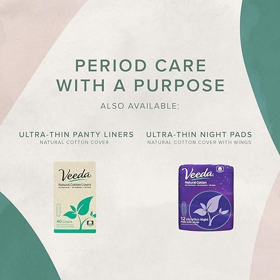 Veeda Natural Cotton Day Pads for Women - Heavy Flow Absorbent Ultra-Thin Feminine Pads with Wings - Hypoallergenic Period pads - Unscented & Chlorine free Sanitary Napkins - 42 Count