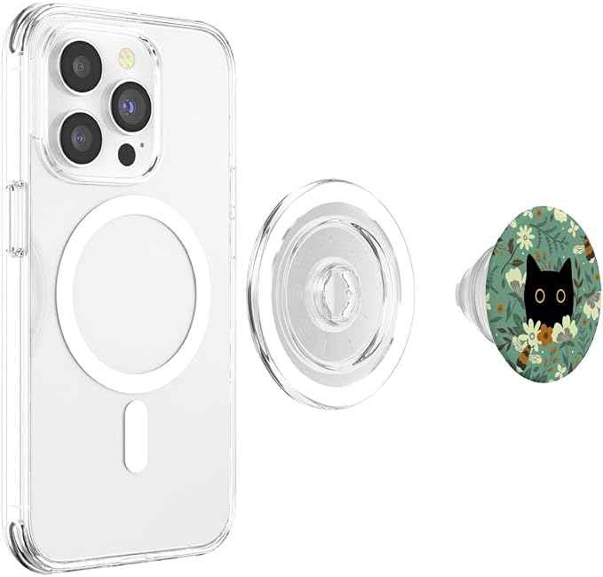 Black Cat Hiding in Garden Flowers with Bees Cute Floral PopSockets PopWallet for MagSafe