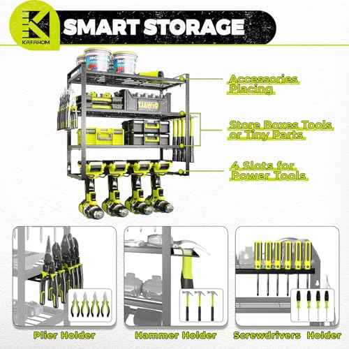 KAFAHOM Power Tool Organizer, Garage Tool Organizers and Storage,Drill Holder Wall Mount, Storage Rack for Cordless Drill, Heavy Duty Tool shelf with Screwdriver Holder/Pliers Holder/Hammer Holder
