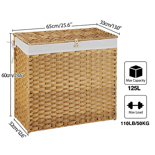 Greenstell Laundry Hamper with Lid, 125L Large Clothes Hamper with 3 Section & 2 Section Removable Liner Bags & 5 Mesh Laundry Bags, Handwoven Synthetic Rattan Divided Laundry Basket, Natural - color: Natural