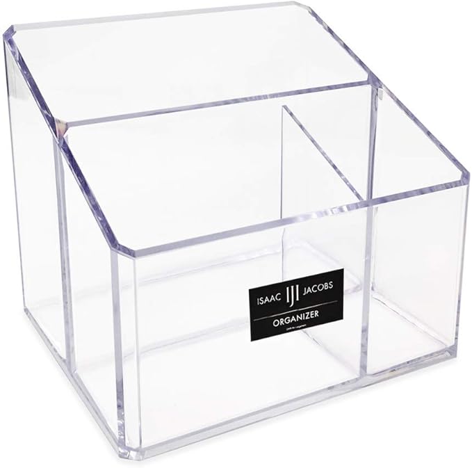 Isaac Jacobs Clear Acrylic 3-Compartment Organizer, Remote Holder & Multi-Functional Makeup, Brush, Pen & Pencil Storage Solution, for The Home, Bathroom, Office, Child’s Desk (3-Section, Clear)