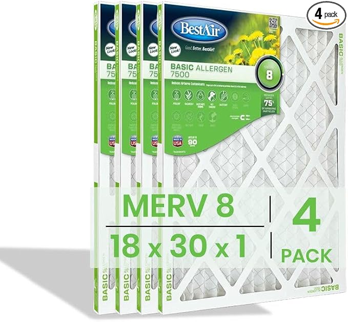 BestAir 18x30x1 Air Filter | MERV 8 Basic Allergen 7500 HVAC AC Furnace Filter