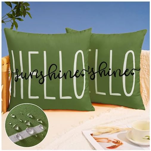 DFXSZ Outdoor Pillow Covers 20x20 Inch Set of 2 Hello Sunshine Decor Olive Green Waterproof Throw Pillow Covers Summer Outdoor Pillow Covers Decor for Patio Funiture Garden Sofa Couch 020G20