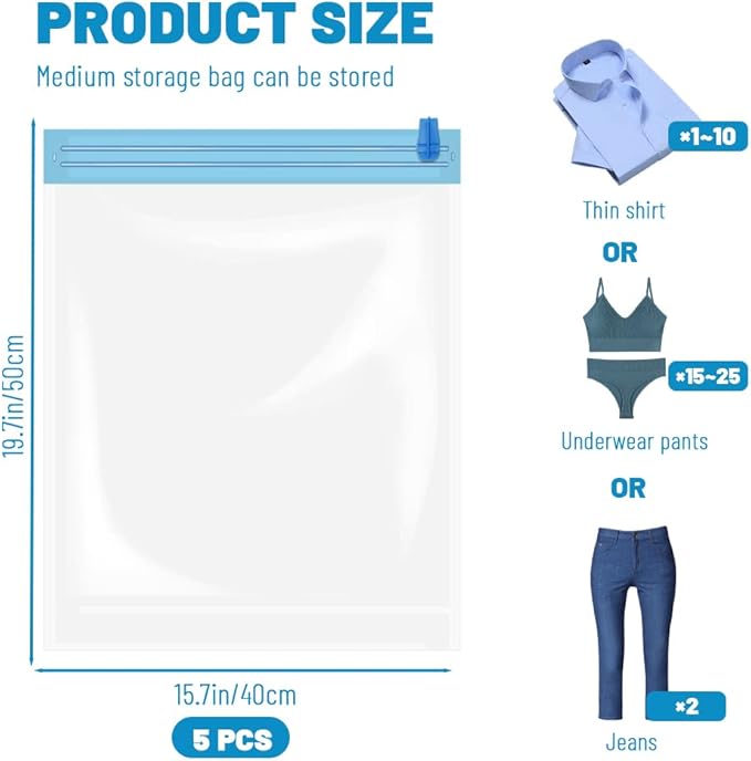 5Pcs Small Size Space Saver Vacuum Storage Bags, Hand Rolled Dust Proof Compression Bags for Travel, Travel Space Saver Bag, Vacuum Sealer Bags for Clothes (50x40cm/20x16in)
