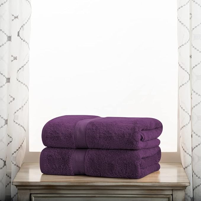 Superior Egyptian Cotton Pile Bath Towel Set of 2, Ultra Soft Luxury Towels, Thick Plush Essentials, Absorbent Heavyweight, Guest Bath, Hotel, Spa, Home Bathroom, Shower Basics, Plum