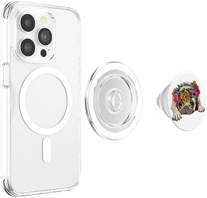 Cute Pug Pop Socket Flower Rose Floral Colorful On White PopSockets Adhesive PopGrip